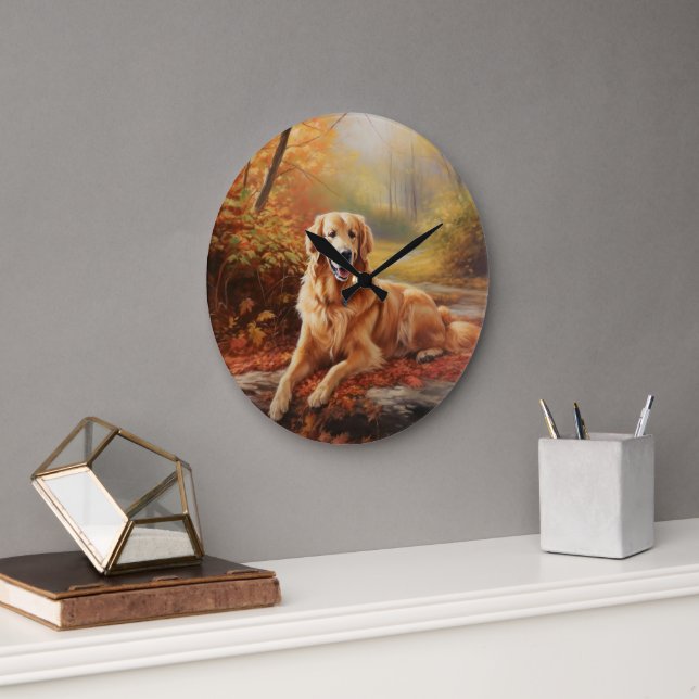 Grande Horloge Ronde Golden Retriever en automne Leaves automne Inspire (Bureau)