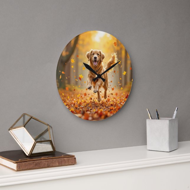 Grande Horloge Ronde Golden Retriever En Automne Woods (Bureau)