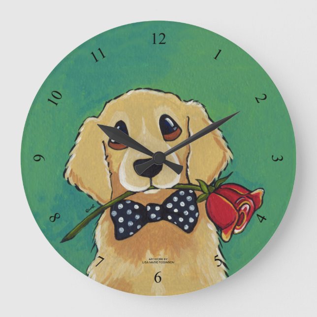 Grande Horloge Ronde Golden Retriever et Rose Wall Clock (Recto)