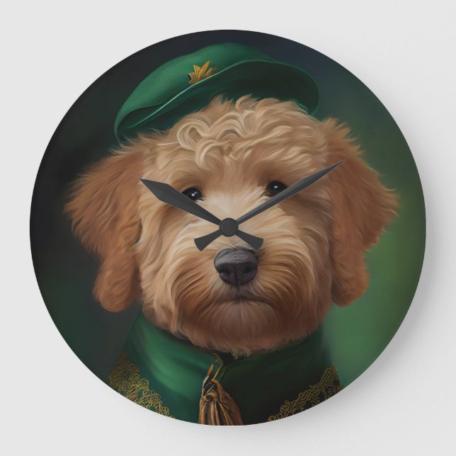 Grande Horloge Ronde Goldendoodle Dog en tenue de la Saint Patrick (Recto)