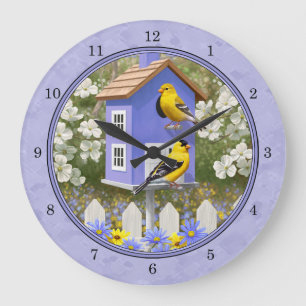 Grande Horloge Ronde Goldfinches & Cute Birdhouse Lavender