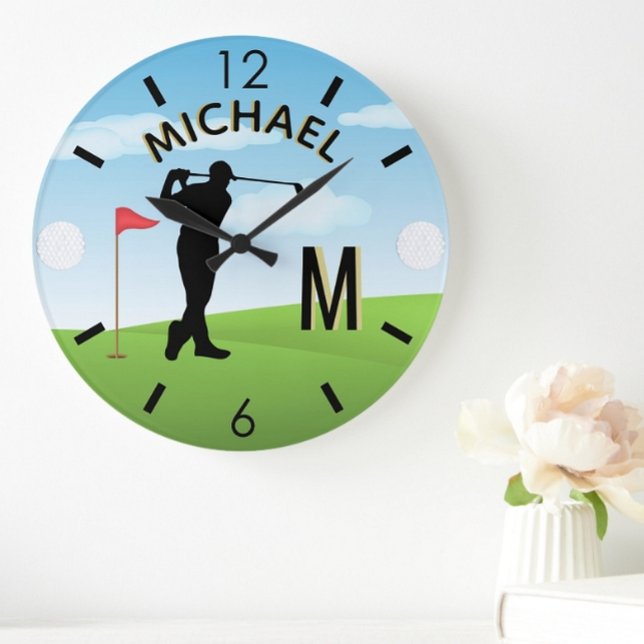 Grande Horloge Ronde Golf Course Nom personnalisé 3-D Monogramme (Créateur téléchargé)