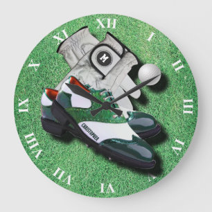 Grande Horloge Ronde Golf Shoes Ball And Gloves On Green With Your Nom
