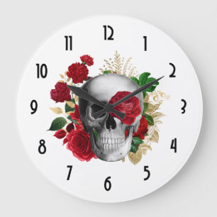 Grande Horloge Ronde Goth Crâne avec Fleurs rouges et Feuilles d'or
