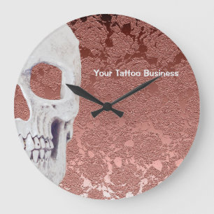 Grande Horloge Ronde Gothic Skull Rose Gold White Modern Elegant Floral