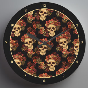 Grande Horloge Ronde Gothique Crâne Noir Rose Couronne Halloween