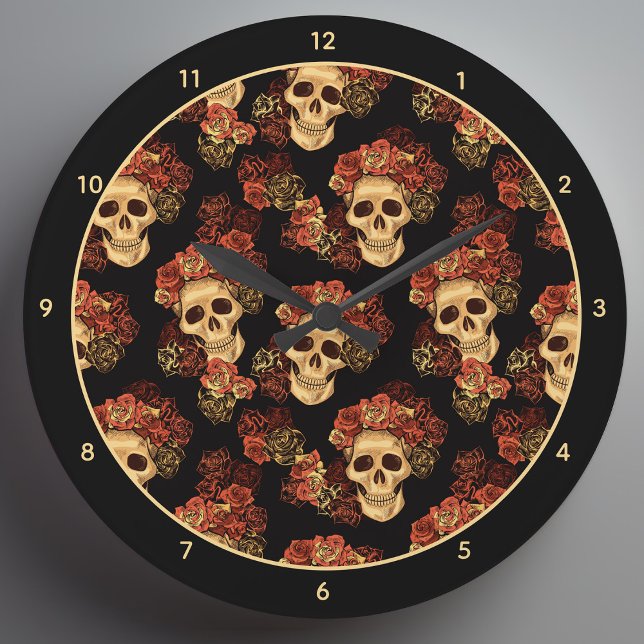 Grande Horloge Ronde Gothique Crâne Noir Rose Couronne Halloween (Créateur téléchargé)
