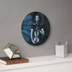 Grande Horloge Ronde Gothique Victorian Girl tenant Violon Imaginaire f