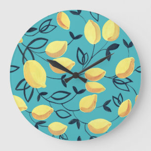 Grande Horloge Ronde Gouache de citron jaune motif sur turquoise.