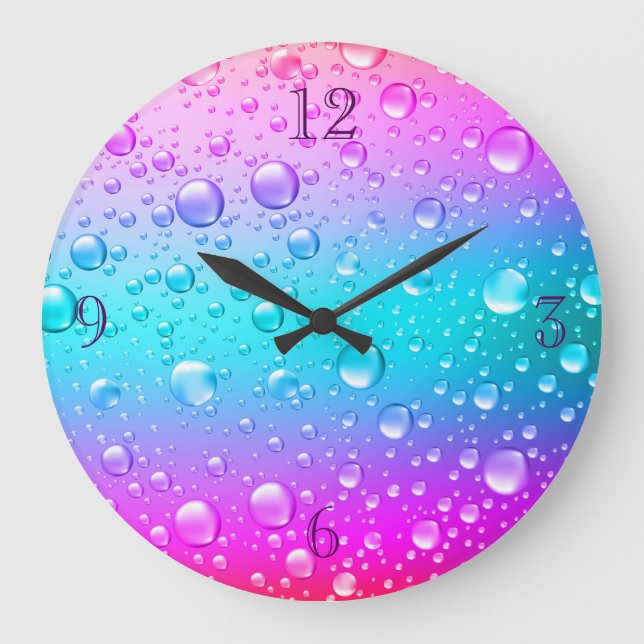 Grande Horloge Ronde Gouttelettes d'eau bleues de gradient de roses (Recto)
