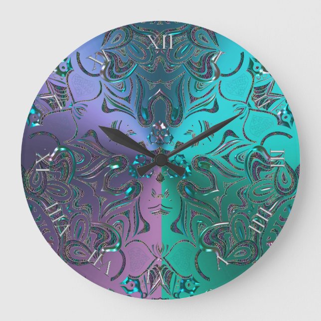 Grande Horloge Ronde Gradient de métal de Jeweled Mandala Cool Hued (Recto)