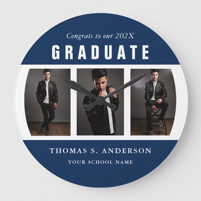 Grande Horloge Ronde Graduation Photo Collage Blue and White Custom (Recto)