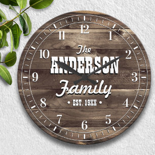 Grande Horloge Ronde Grain en bois foncé Nom de famille personnalisé