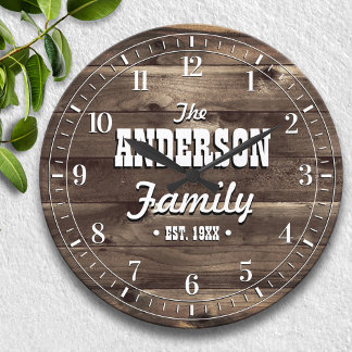 Grande Horloge Ronde Grain en bois foncé Nom de famille personnalisé