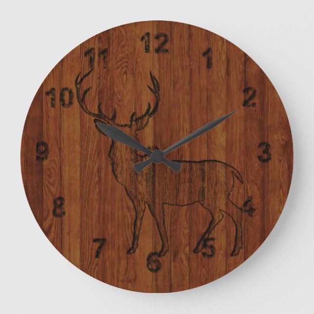 Grande Horloge Ronde Grand Buck bois sculpté Effet Rustique et beau (Recto)