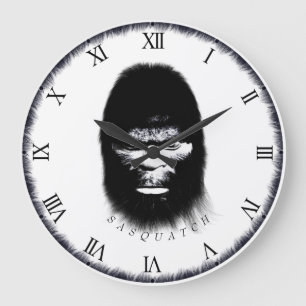 GRANDE HORLOGE RONDE GRAND PORTRAIT EN TÊTE DE SASQUATCH NOIR ET BLANC