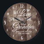Grande Horloge Ronde Grandpa Spending Time with Custom<br><div class="desc">Fun family clock with wood wood plank textured background. We Love spending time with grandpa custom grand kids names. Add the grand-enfants names at the bottom of the clock for a unique keepsake vend.</div>