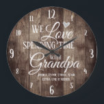 Grande Horloge Ronde Grandpa Spending Time with Custom<br><div class="desc">Fun family clock with wood wood plank textured background. We Love spending time with grandpa custom grand kids names. Add the grand-enfants names at the bottom of the clock for a unique keepsake vend.</div>