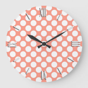 Grande Horloge Ronde Grands points rétro - corail rose et blanc