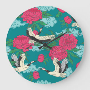 Grande Horloge Ronde Granes Peonies : Graphiques floraux Vintages