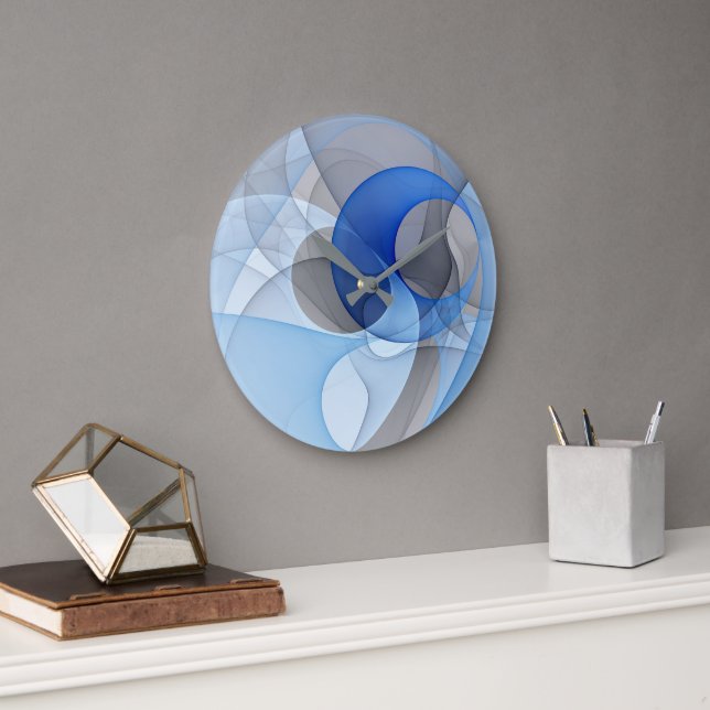 Grande Horloge Ronde Graphique d'art fractal gris bleu Abstrait moderne (Bureau)