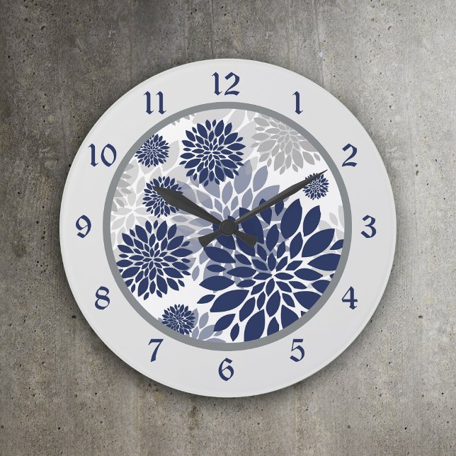 Grande Horloge Ronde Graphique de fleurs gris bleu marine (Créateur téléchargé)