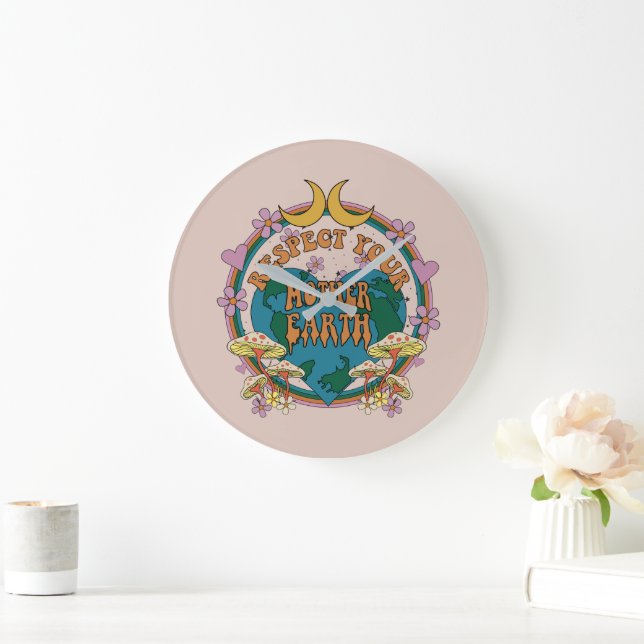 Grande Horloge Ronde Graphique de la Terre mère rétro des années 70 (Maison)