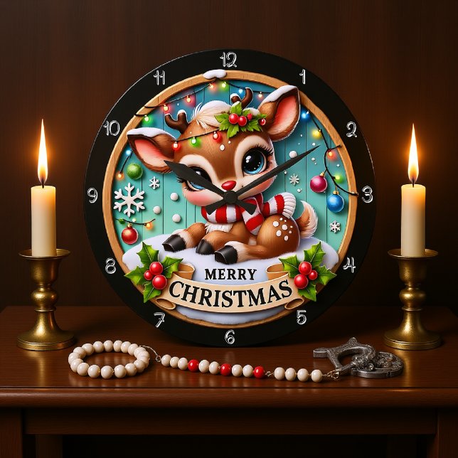 Grande Horloge Ronde Graphique de Noël de joyeux cerfs mignons (Créateur téléchargé)