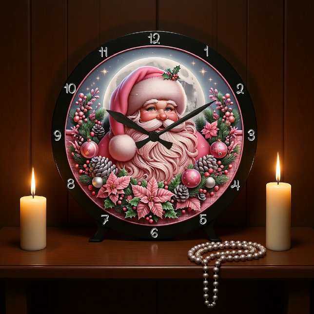 Grande Horloge Ronde Graphique de Noël Whimsical Pink Père Noël (Créateur téléchargé)