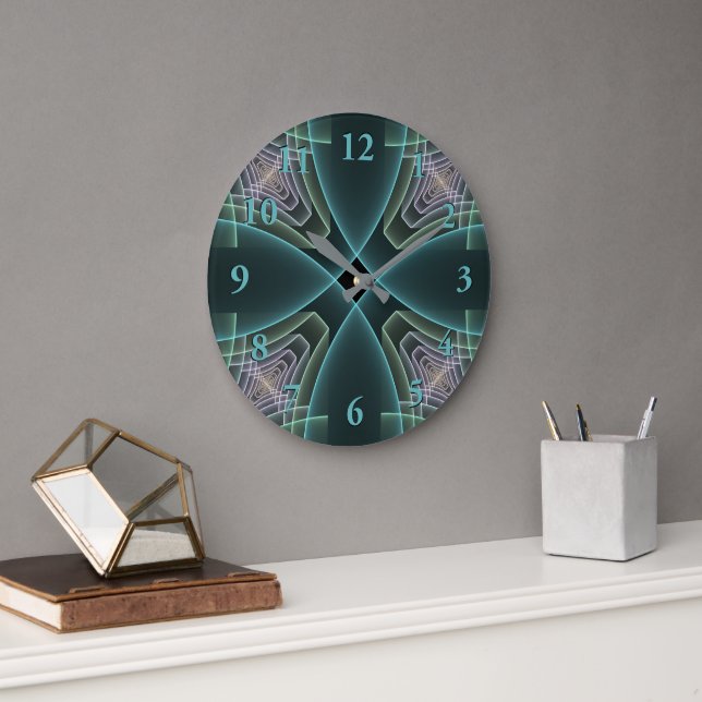 Grande Horloge Ronde Graphique géométrique Turquoise moderne (Bureau)