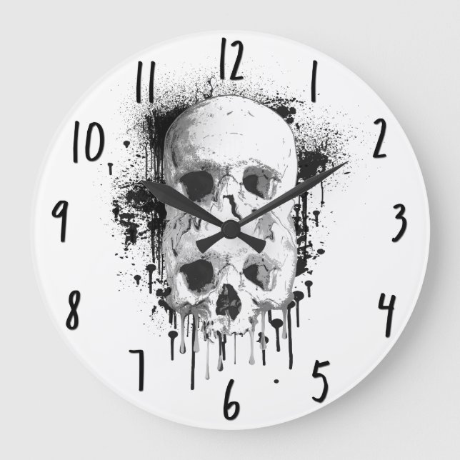 Grande Horloge Ronde Graphisme de crâne avec éclaboussures d'encre noir (Recto)