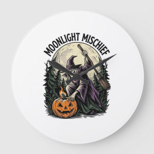 Grande Horloge Ronde Graphisme de sorcière d'Halloween vintage en clair