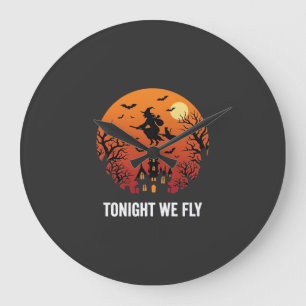 Grande Horloge Ronde Graphisme de sorcière d'Halloween volant la nuit_1