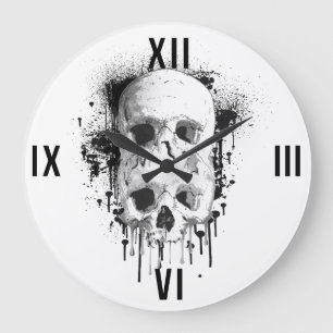 Grande Horloge Ronde Graphisme de tache d'encre noire Skull Drip
