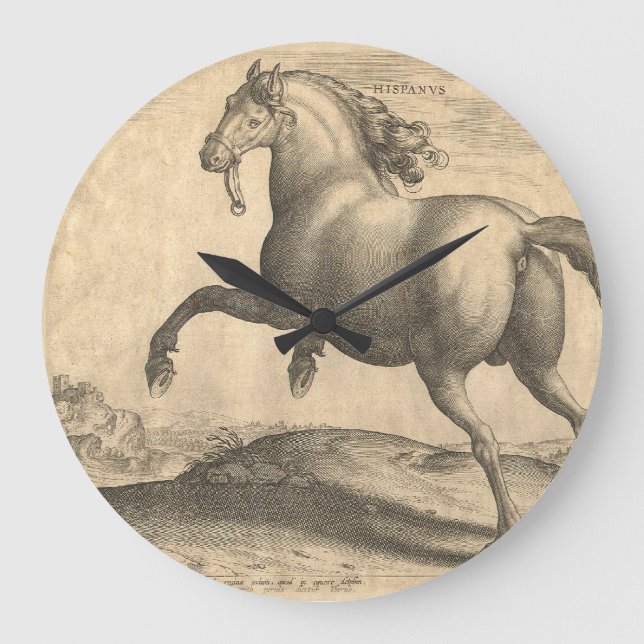 Grande Horloge Ronde Gravure antique élégante de cheval espagnol (Recto)