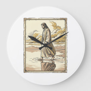 Grande Horloge Ronde Gravure de marche spirituelle vintage sur l'eau