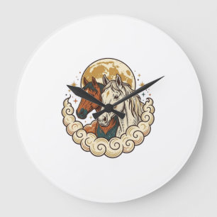 Grande Horloge Ronde Gravure vintage chevaux cosmiques art lunaire