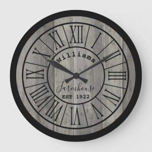 Grande Horloge Ronde Gray moyen/gris Wood Farmhouse Nom de famille