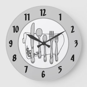 Grande Horloge Ronde Gray Silverware White Napkin Black Numbers Clock
