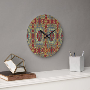 Grande Horloge Ronde Gray Tan Brown Ochre ivoire Red Tribal Art Motif
