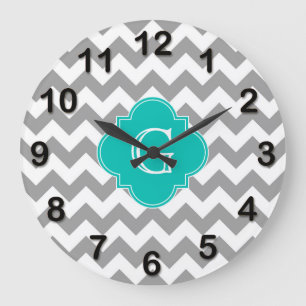 Grande Horloge Ronde Gray Wht Chevron ZigZag Turquoise Quatrefoil Monog