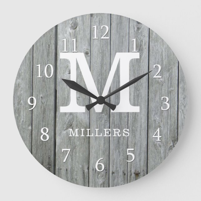 Grande Horloge Ronde Gray Wood Farmhouse Monogramme (Recto)
