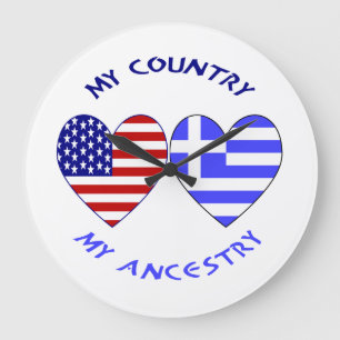 Grande Horloge Ronde Grèce USA Drapeaux Coeurs Pays Ancêtre
