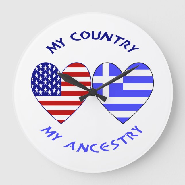 Grande Horloge Ronde Grèce USA Drapeaux Coeurs Pays Ancêtre (Recto)