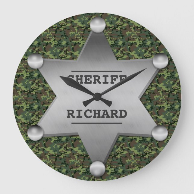Grande Horloge Ronde Green Camouflage Pattern Shérif Name Badge (Recto)
