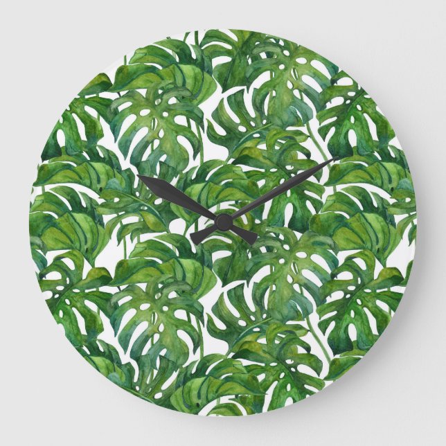 Grande Horloge Ronde Green Monstera Feuilles Tropical sans couture (Recto)