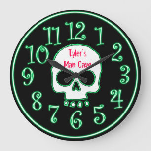 Grande Horloge Ronde Green Neon Skull Custom Name Man Cave Clock