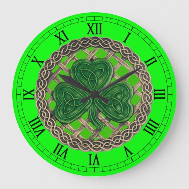 Grande Horloge Ronde Green Shamrock and Celtic Knots Roman Numeral Cloc (Recto)