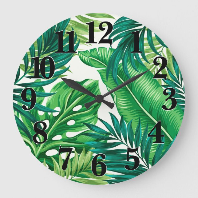 Grande Horloge Ronde Green Tropical Palm Banana Monstera Feuille (Recto)