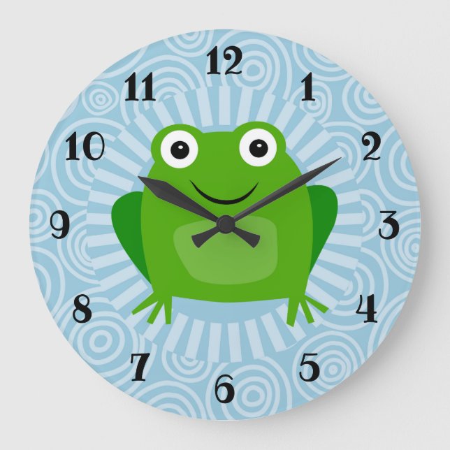 Grande Horloge Ronde Grenouille Drôle - Mignonne Froggy Sur Bleu (Recto)